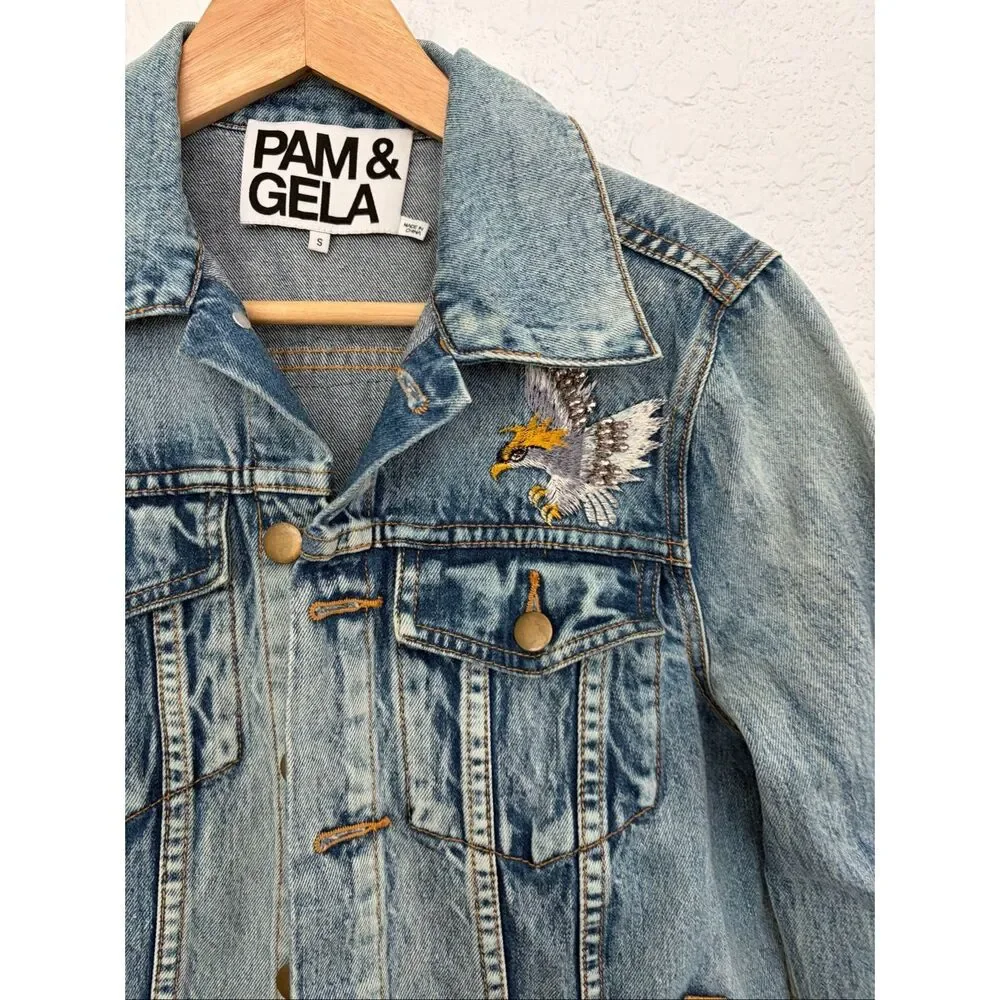 Pam & Gela Statement Embroidered Denim Jacket Vintage Blue Size S - Picture 6 of 12